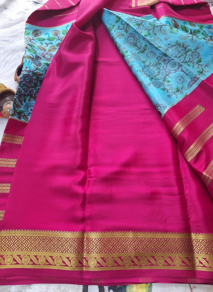 Pure Mysore Crepe Silk - Blue & Rani Pink Flower Kalamkari