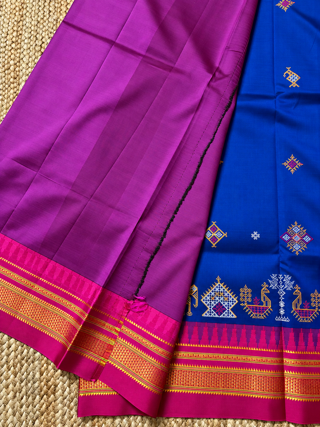 Malai Silk with Kasuti embroidery - Royal Blue & Pink