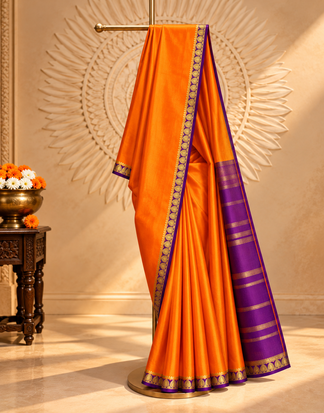 Pure Mysore Crepe Silk - Orange - Purple thin zari border