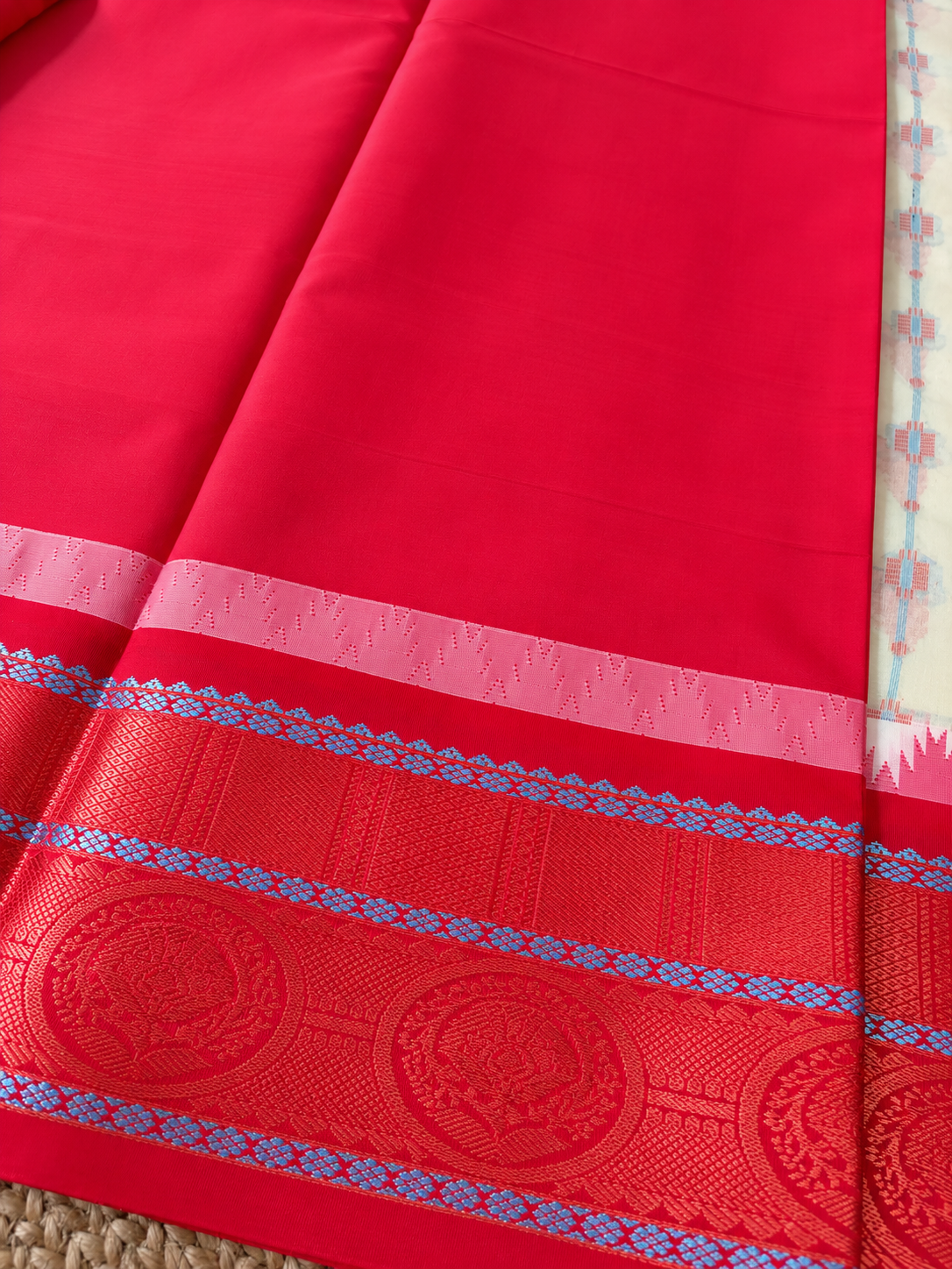 Gadwal Design Cotton - Pastel Green & Red woven in Gadwal pattern