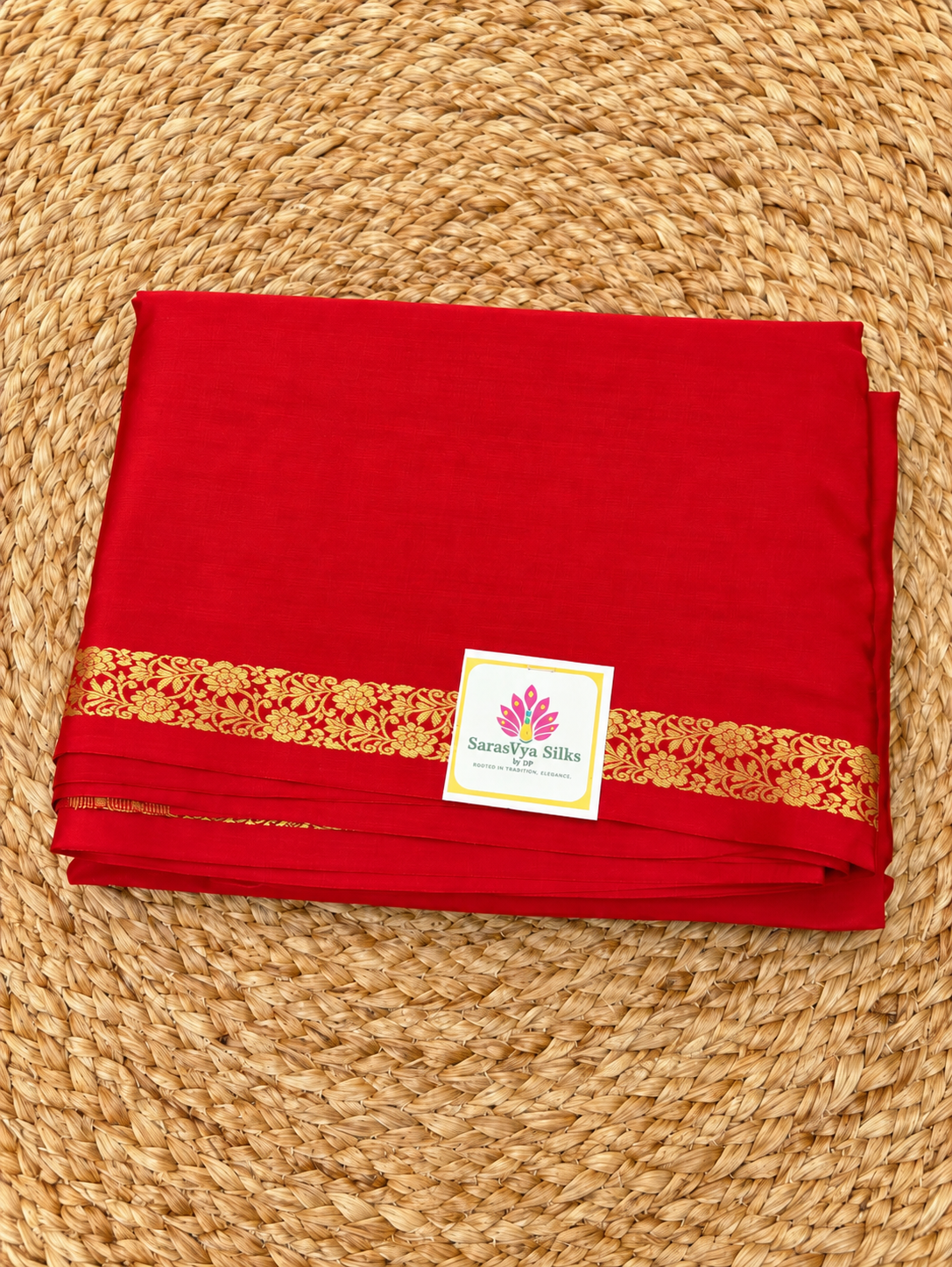 Pure Mysore Crepe Silk - Red Self Color & thin floral Border