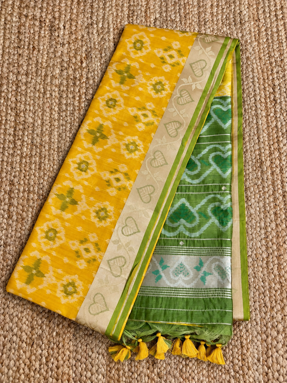 Raw Silk - Yellow & green Ikat pattern