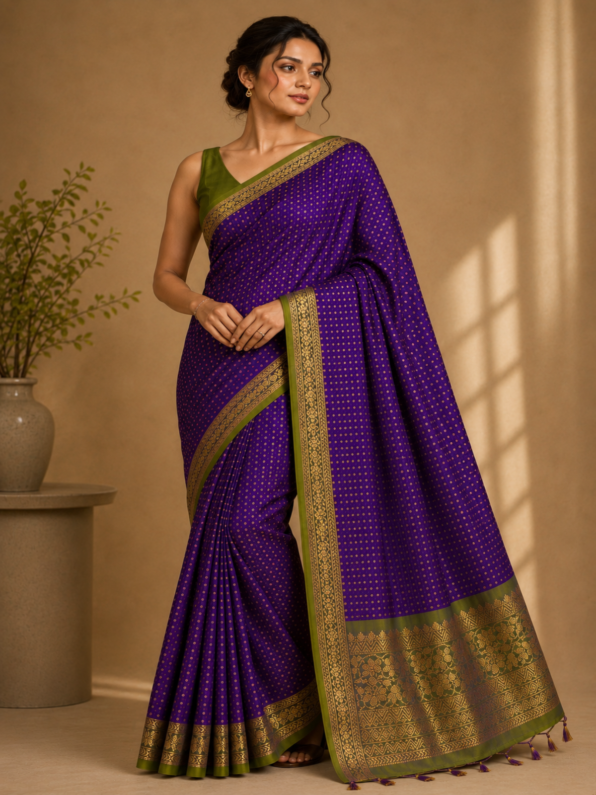 Pure Handloom Soft Silk - Vibrant Purple & Apple Green 1000 Boota & Kanchi Border