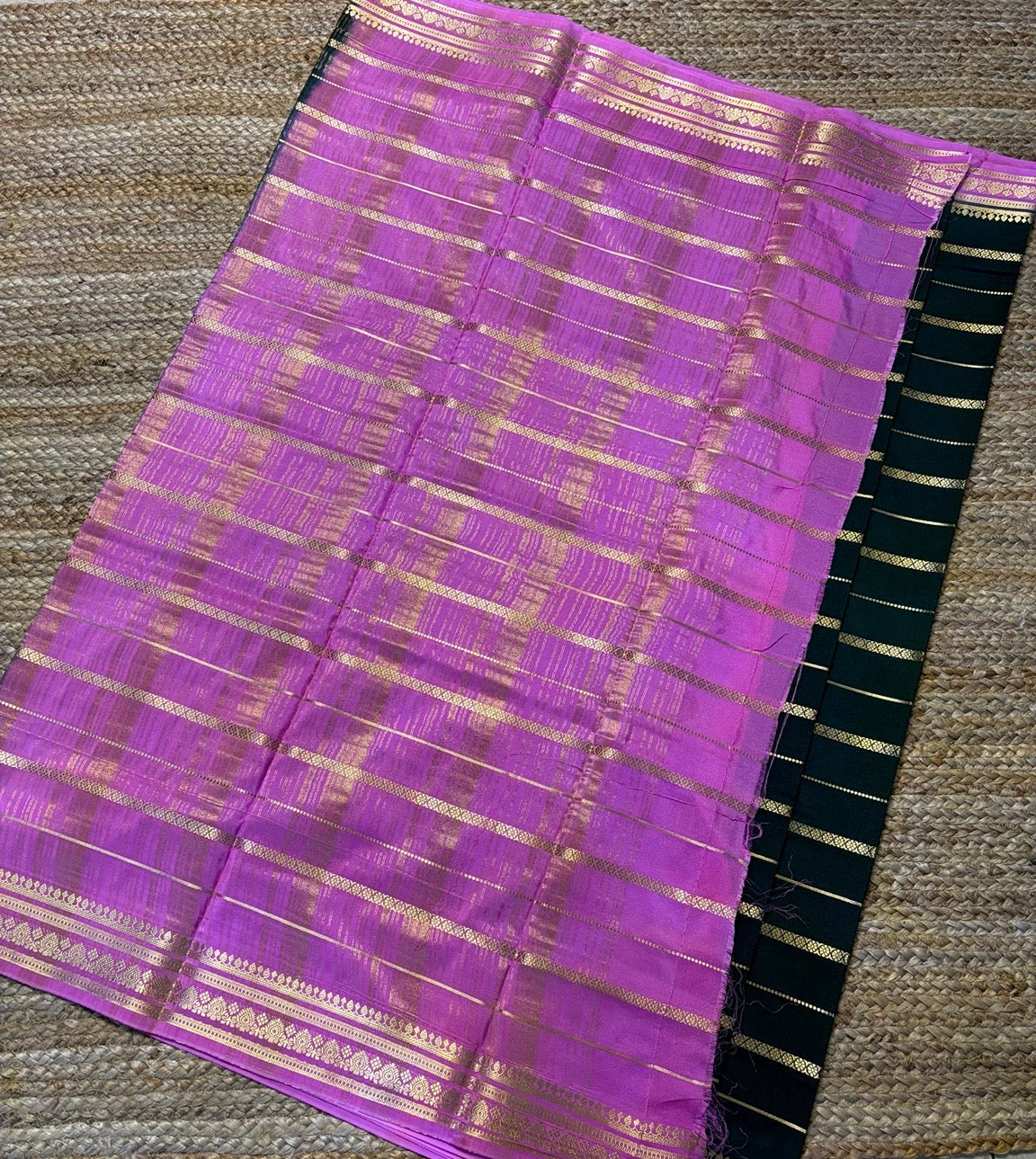 Semi Mysore Crepe Silk - Bottle Green & Baby Pink with Zari Work