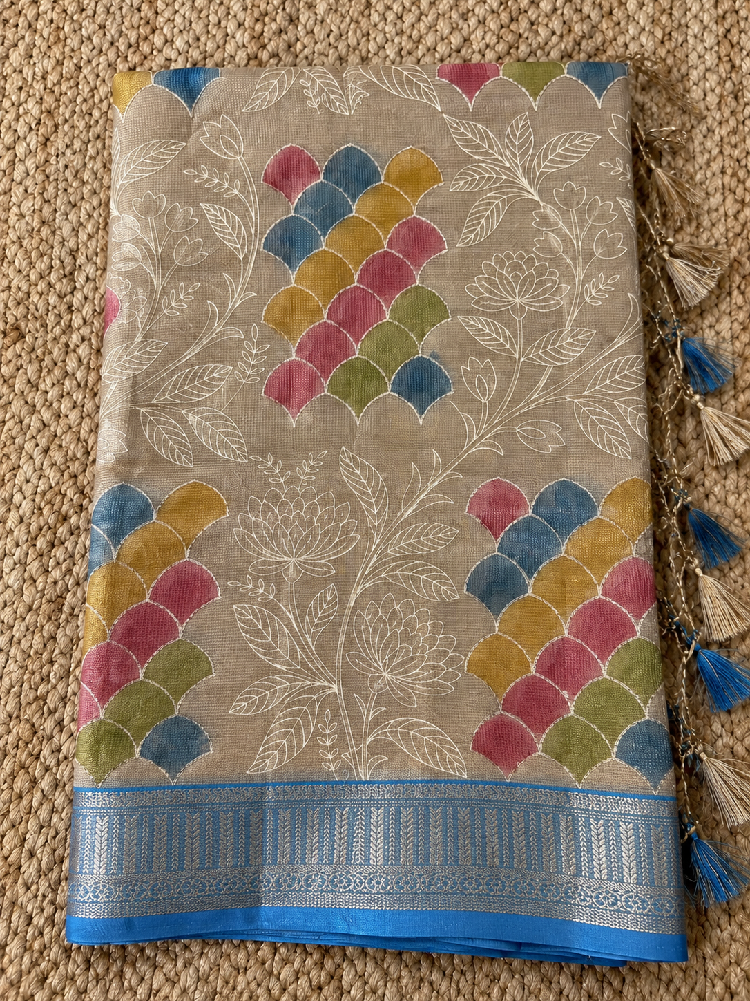 Kota Doria - Beige-Blue with Multi Color Embrodery