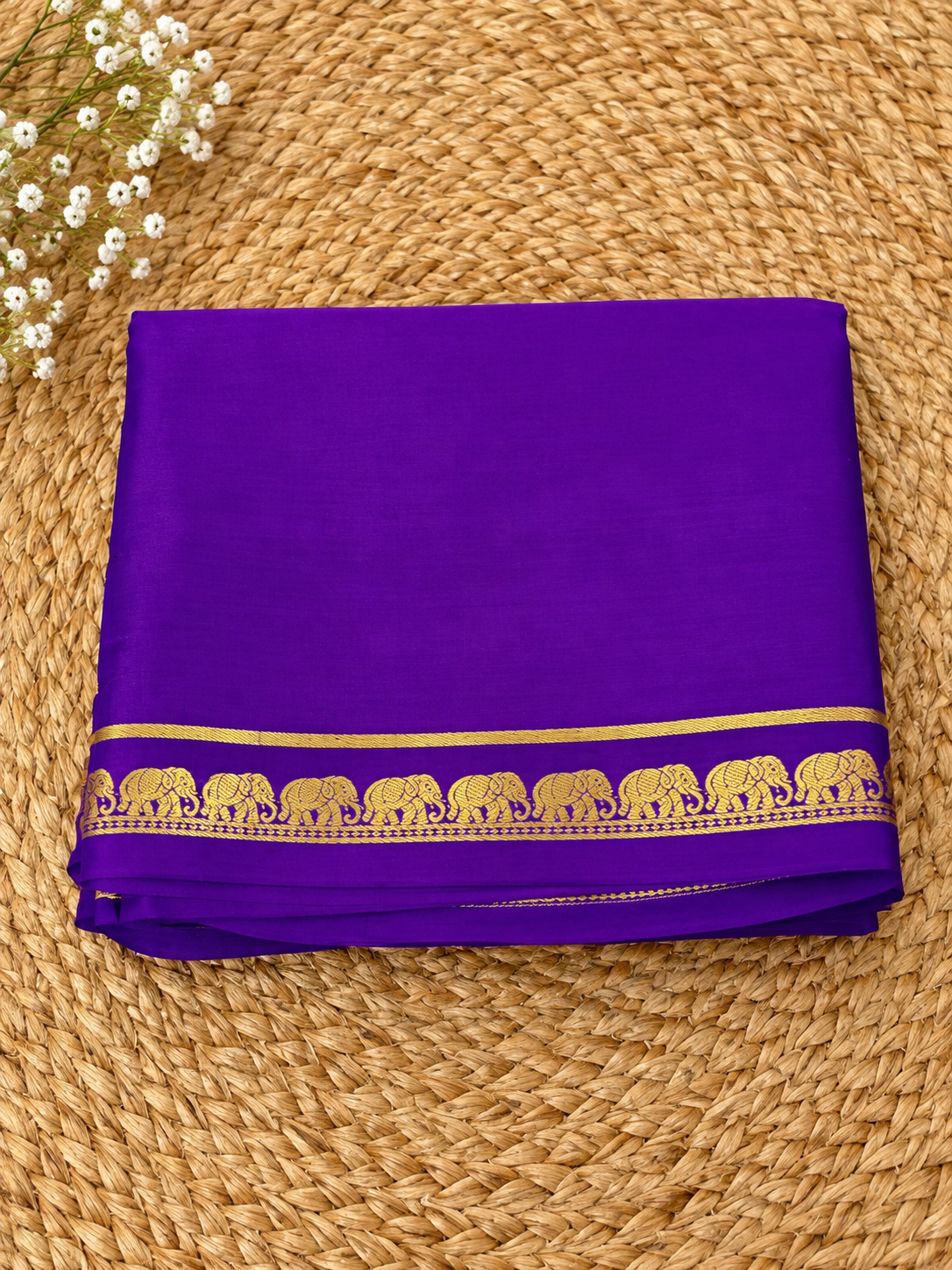 Pure Mysore Crepe Silk - Deep Purple Self Color & thin Elephant Border