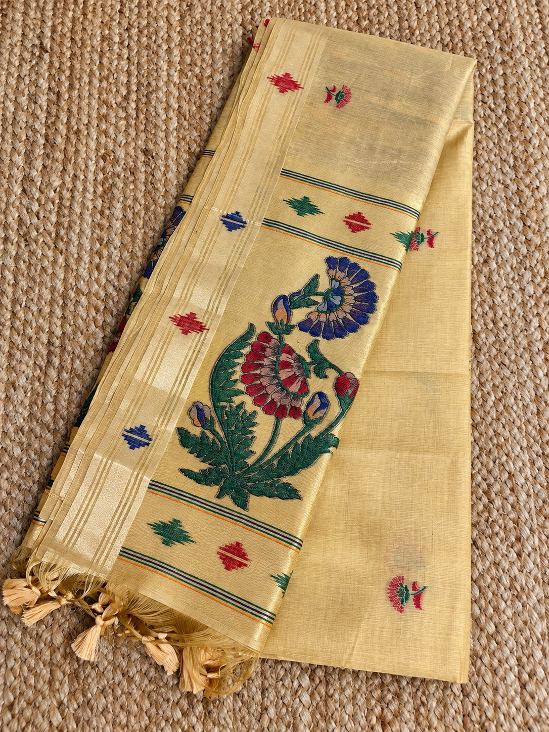 Muga Cotton Paithani - Yellow with botanical resham weave