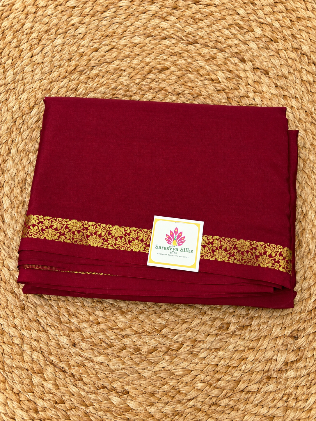 Pure Mysore Crepe Silk - Maroon Self Color & thin floral Border
