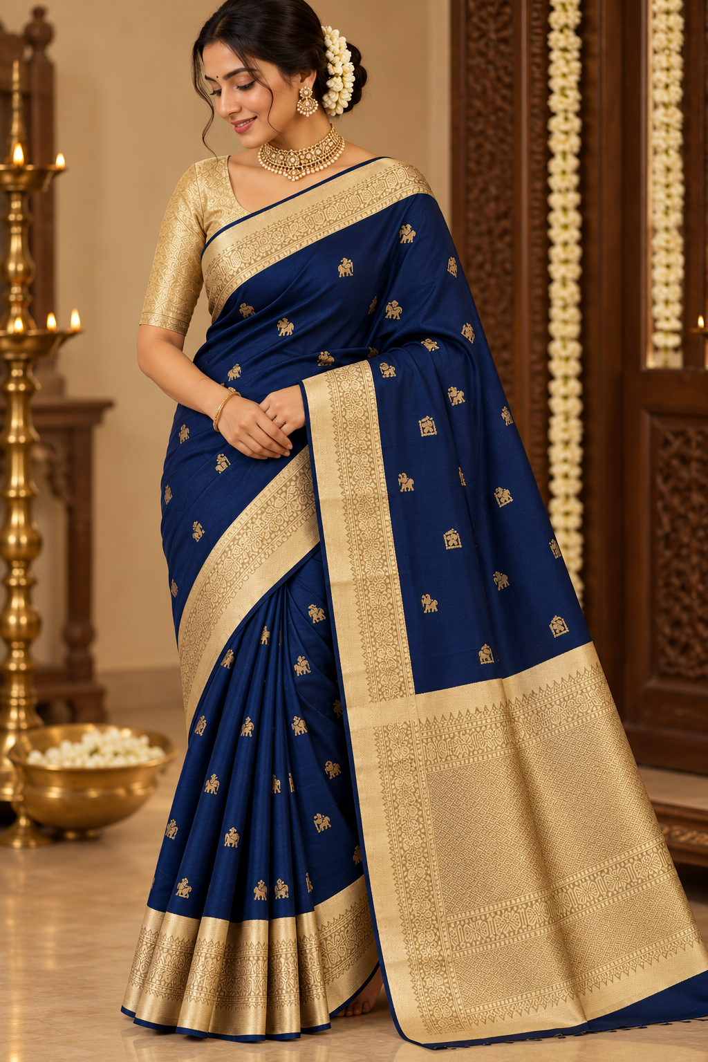 Pure Handloom Silk Kanjeevaram - Steel Navy with Elephant & Temple Motif