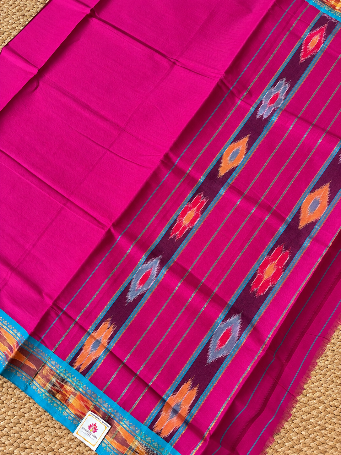 Pure Cotton - Magenta Plain with Ikat Border