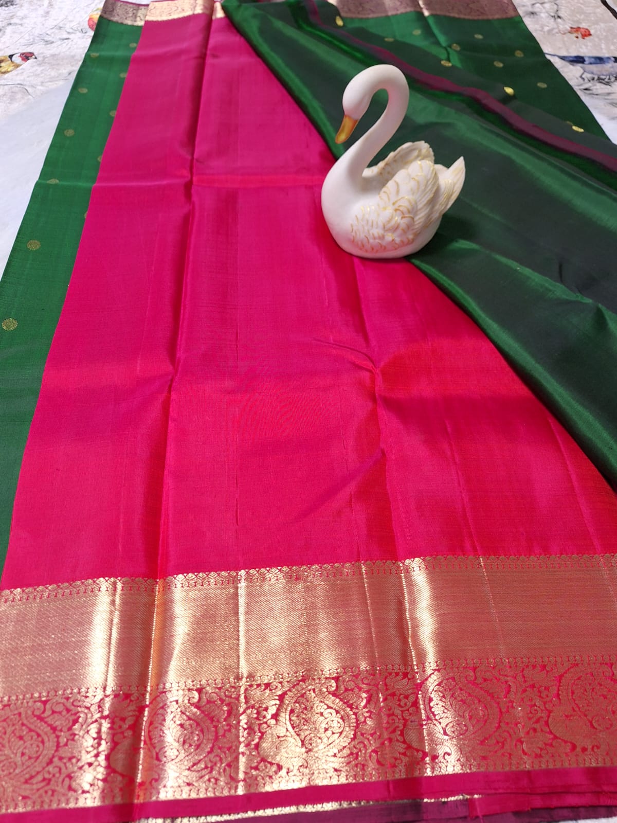 Pure Handloom Kanjeevaram Silk - Emerald Green & Pink with Rudraksh Boota