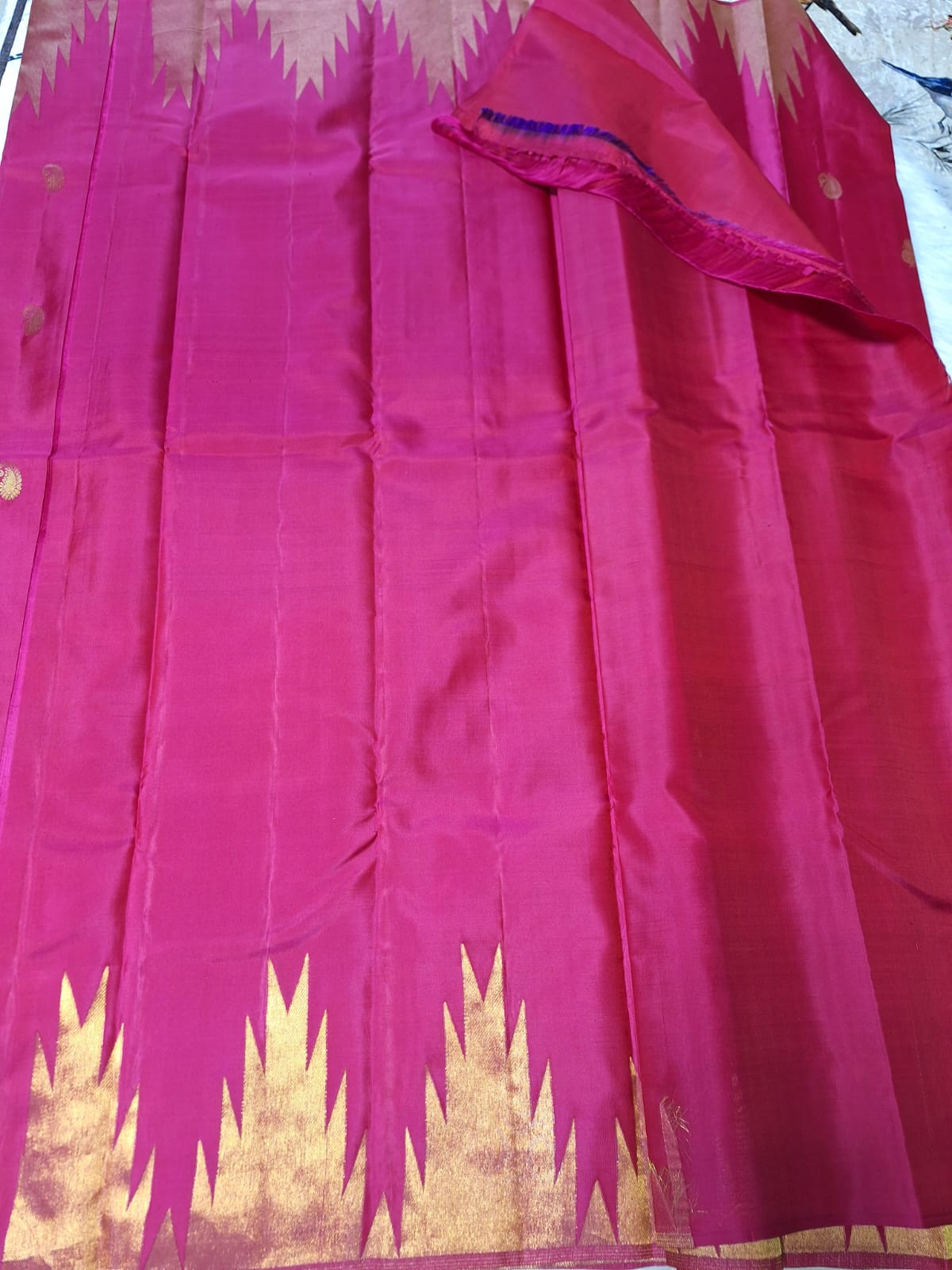 Pure Kanjeevaram-Hot Pink Temple Border Peacock-Mango motifs