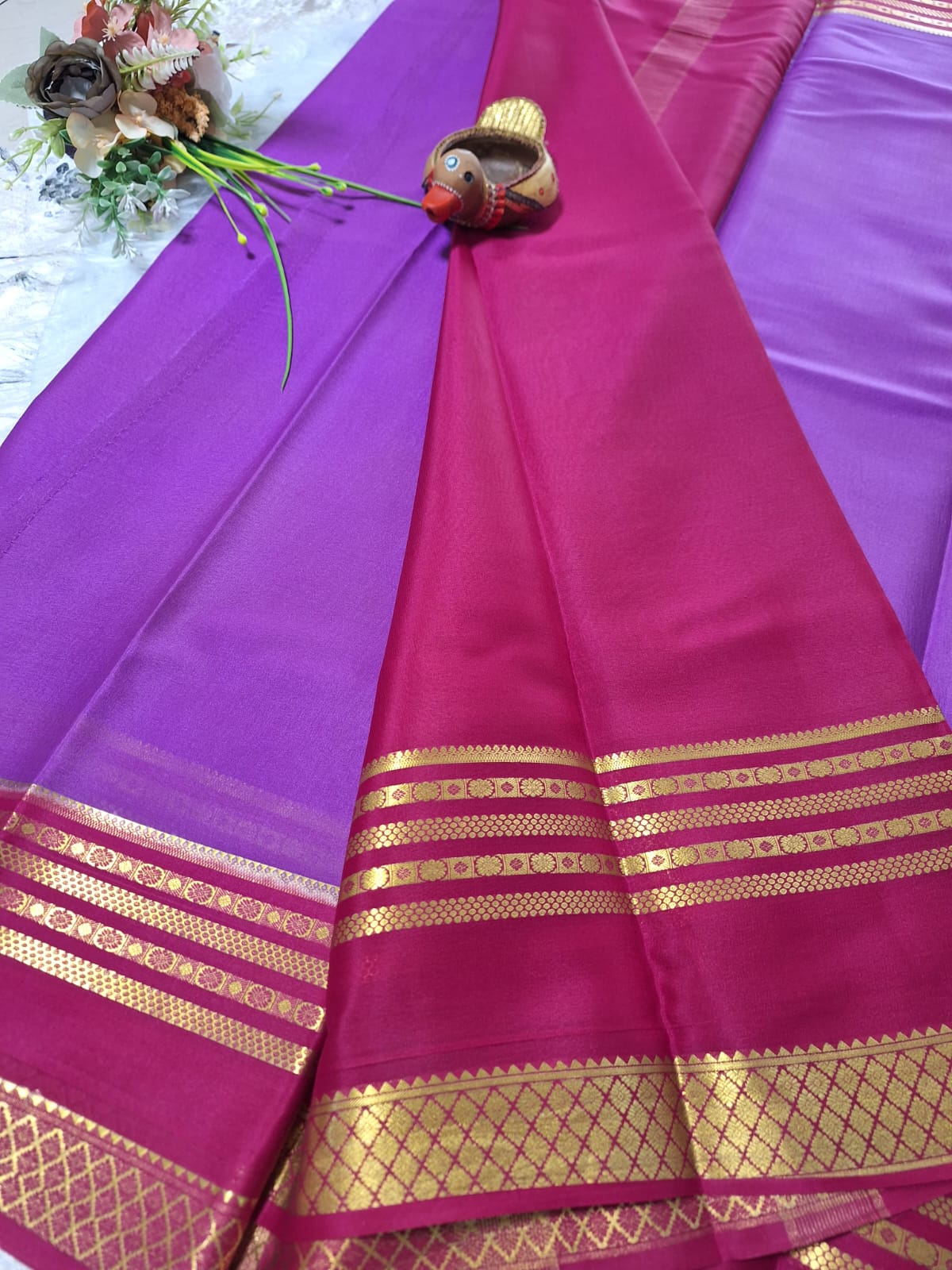 Pure Mysore Crepe Silk - Electric Purple & Rani Pink Golden border