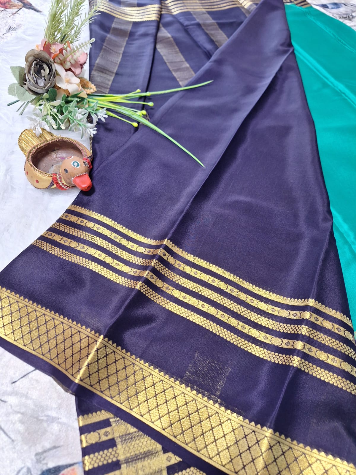 Pure Mysore Crepe Silk - Pine Green & Navy Blue Embellished border