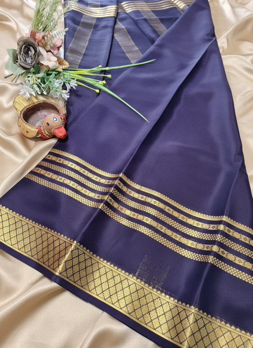 Pure Mysore Crepe Silk - Pine Green & Navy Blue Embellished border