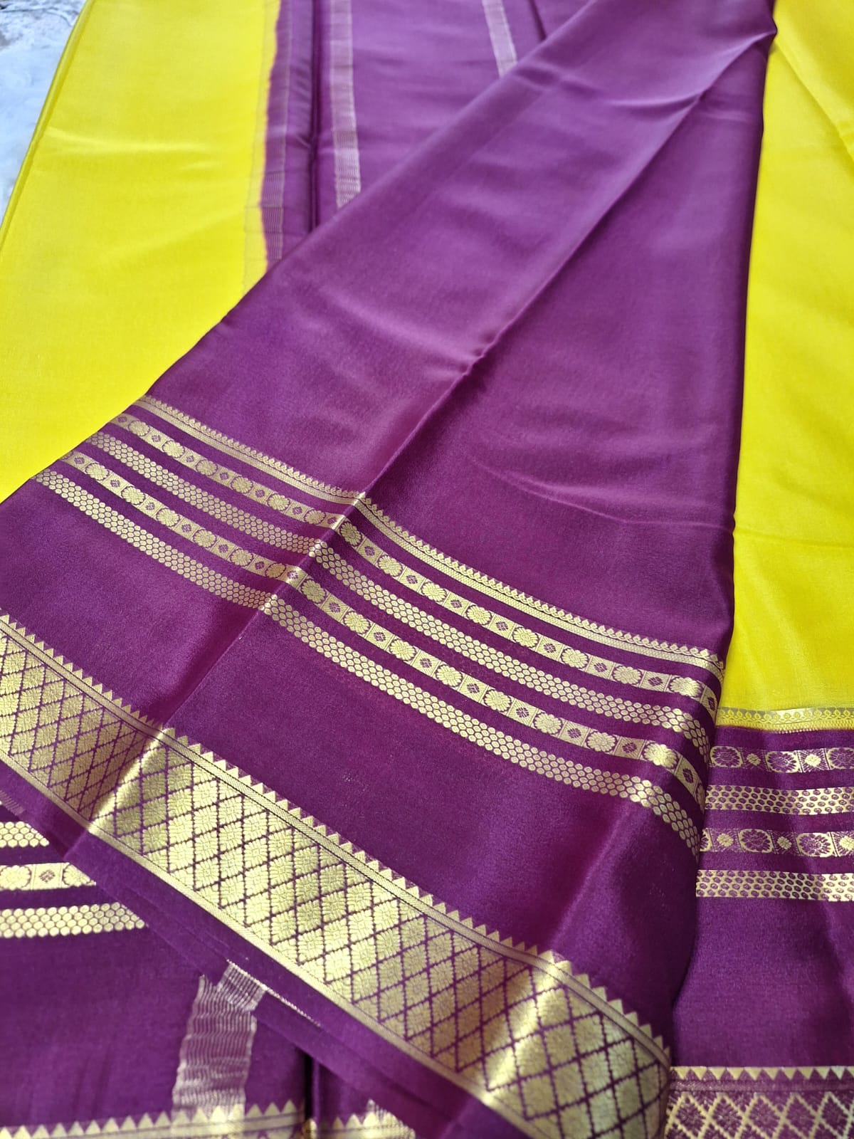 Pure Mysore Crepe Silk-Yellow & Orchid Purple Embellished border