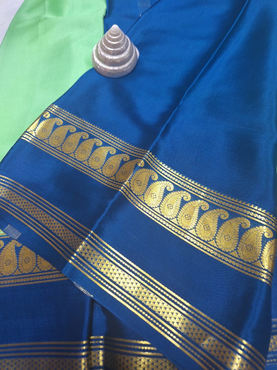 Pure Mysore Crepe Silk - Aquamarine & Teal Blue accented Kairi Motifs