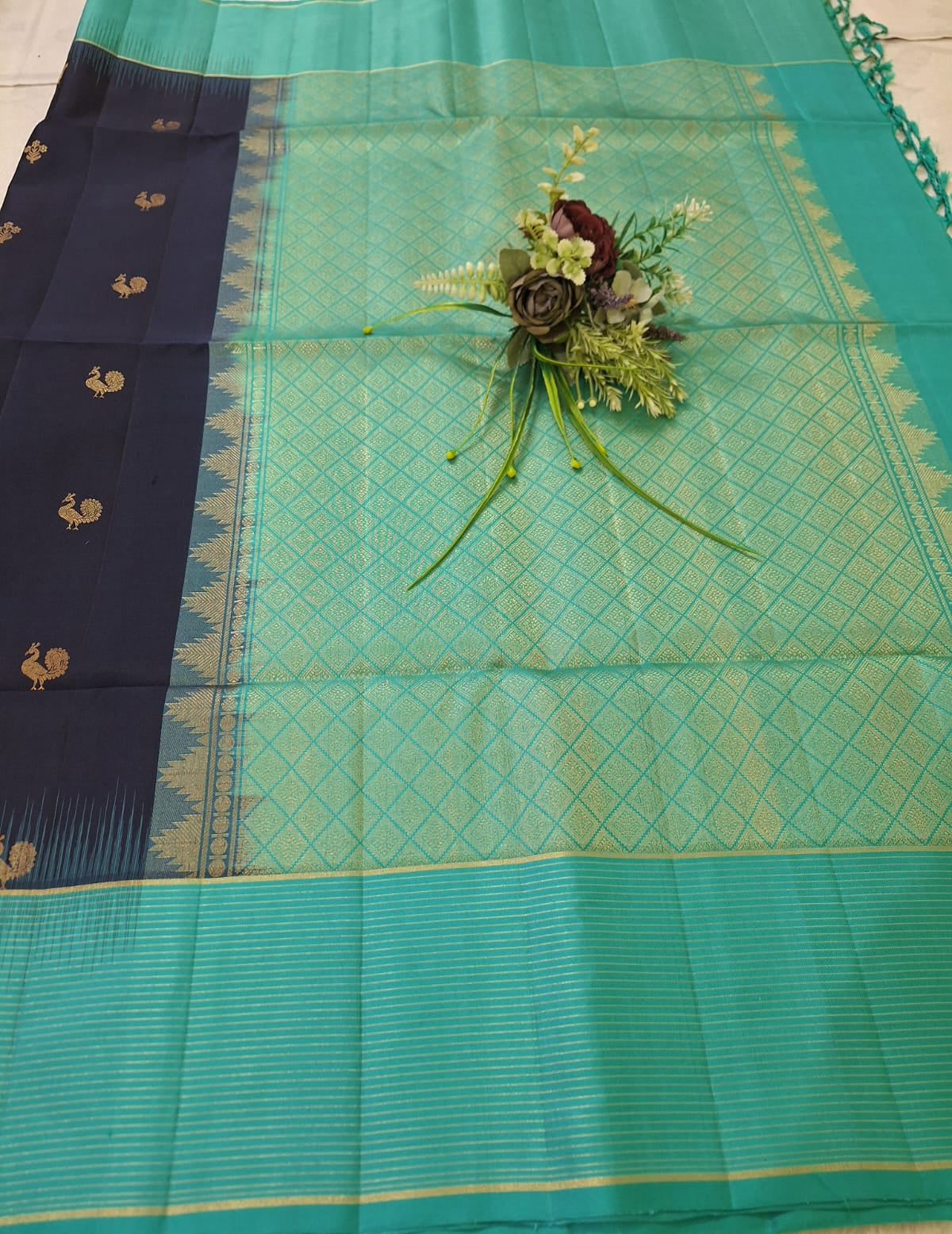 Pure Handloom Soft Silk - Navy & Sea blue Peacock motifs