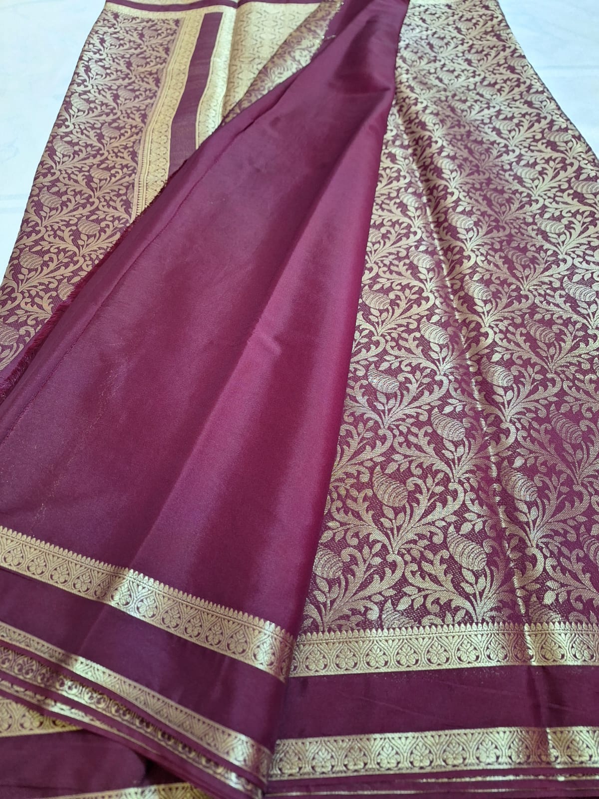 Semi Mysore Crepe Silk - Wine with Golden Brocade Weave