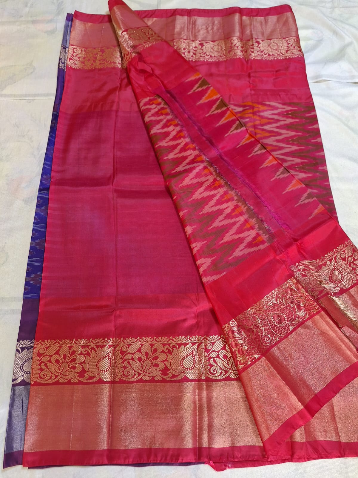 Classic Uppada Soft Silk - Purple and Pink Ikat Design & Kanchi border