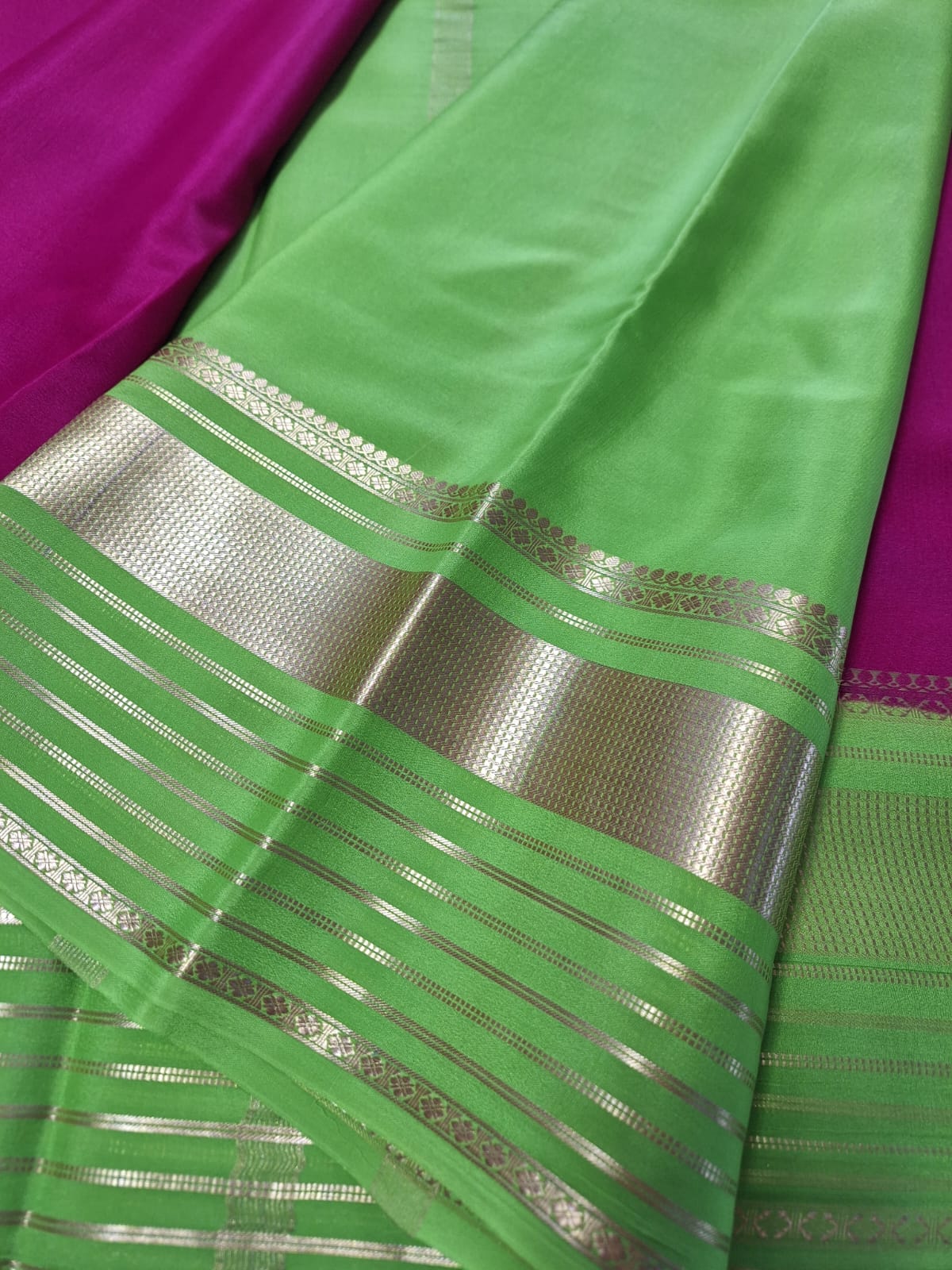 Pure Mysore Crepe Silk - Barbie pink & fluorescent Green Embellished border