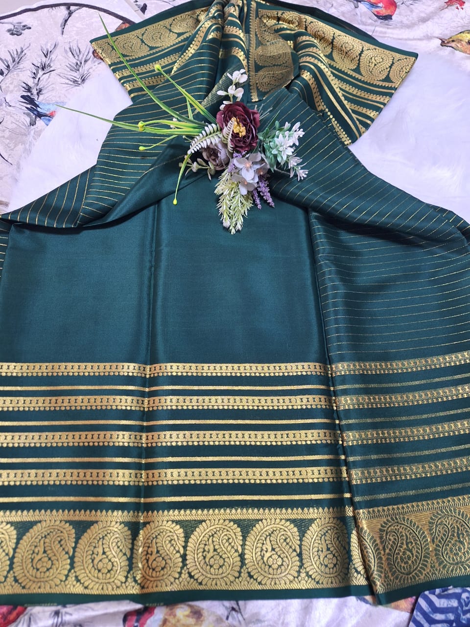 Pure Mysore Crepe Silk - Bottle Green Golden Kairi (Mango) Border