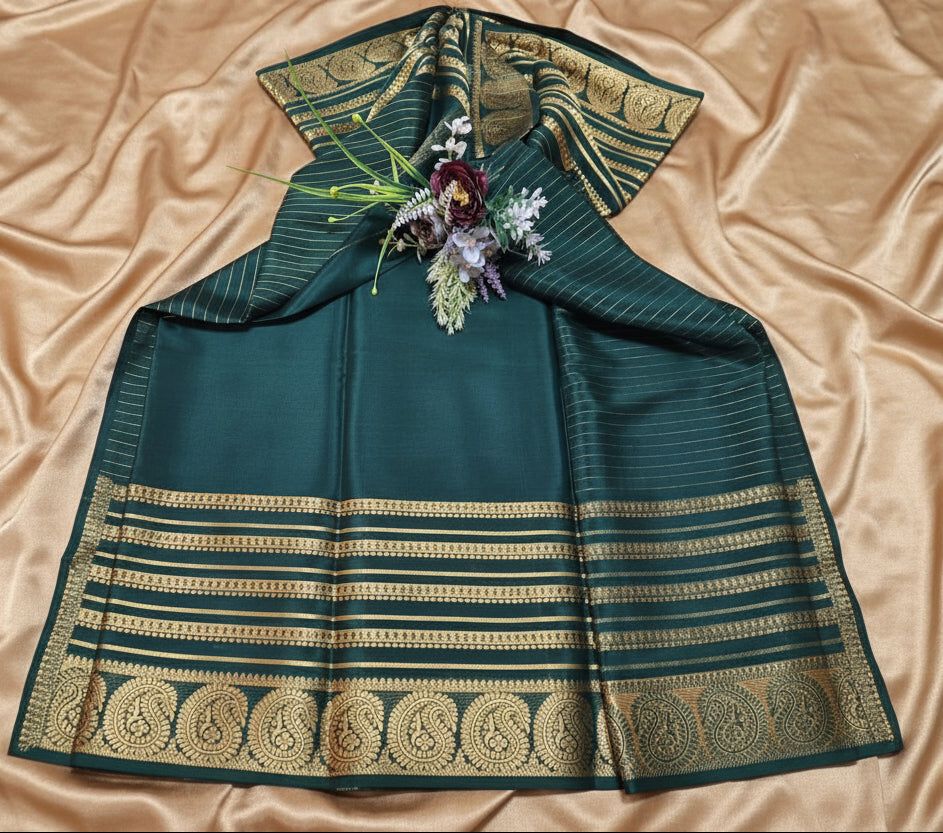 Pure Mysore Crepe Silk - Bottle Green Golden Kairi (Mango) Border