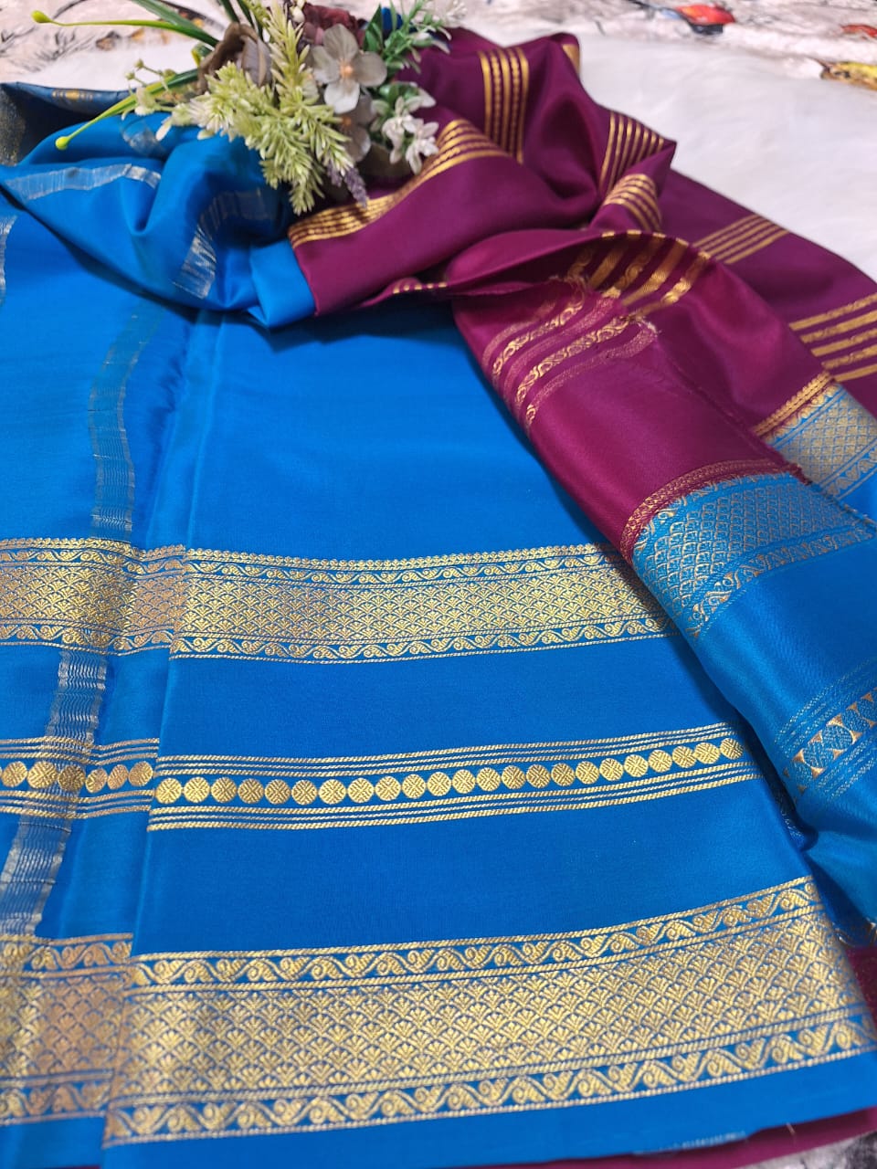 Pure Mysore Crepe Silk - Magenta & Blue 2D Designer pattern