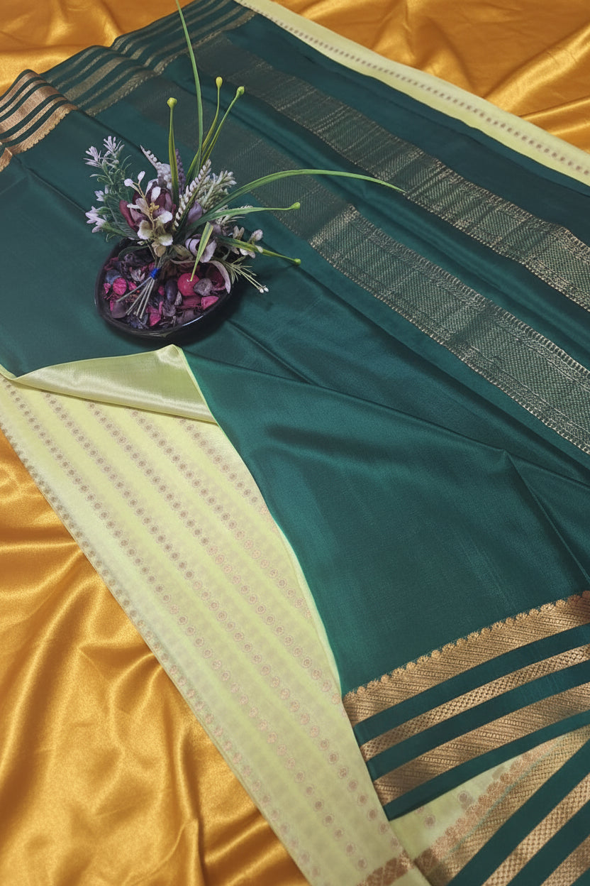 Pure Mysore Crepe SIlk - Light & Dark green 1000 zari boota pattern