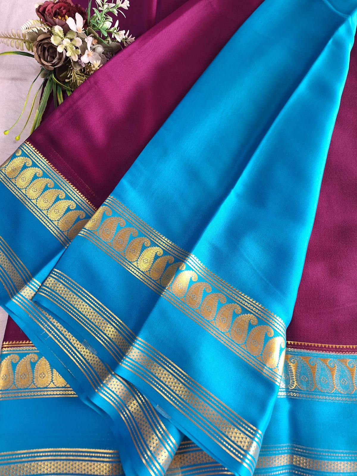 Pure Mysore Crepe Silk - Magenta & Capri Blue accented Kairi Motifs Border