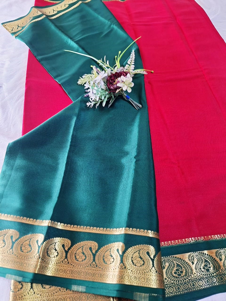 Pure Mysore Crepe Silk - Minimalist Red & Green Kairi Border