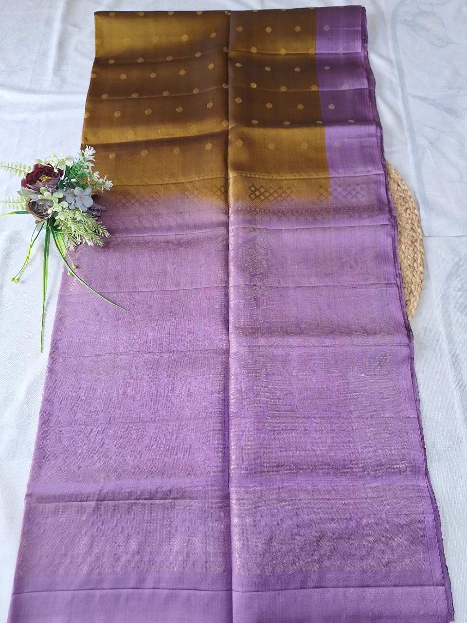Pure Handloom Soft Silk - Golden Brown - Mauve Polka Dots
