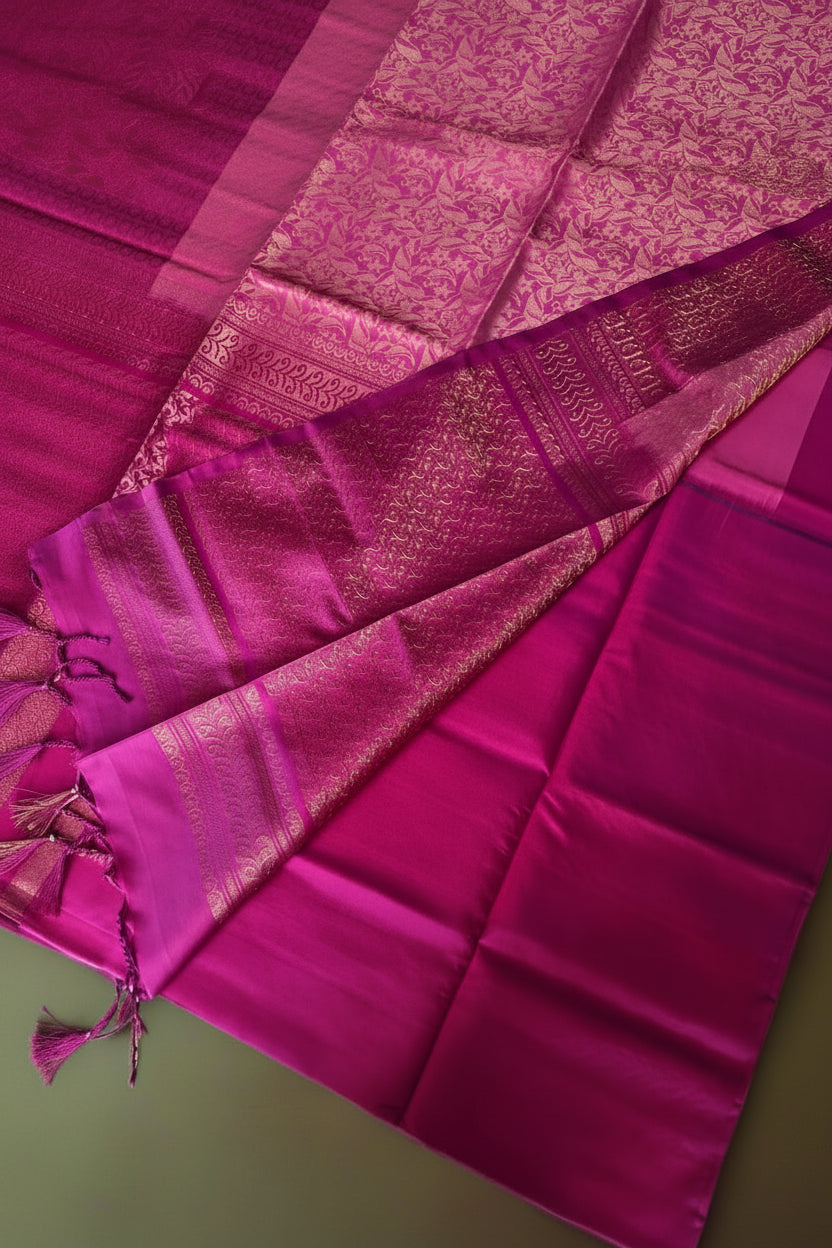 Pure Handloom Soft Silk - Brocade Light Pink & Rani