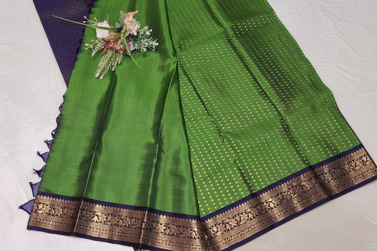 Pure Handloom Soft Silk - Lawn Green-Navy Blue 1000 boota with Kanchi border