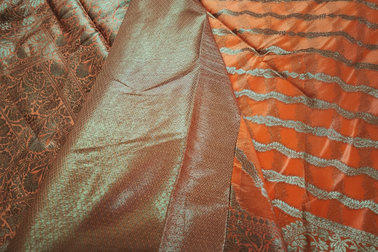 Pure Handloom Banarasi Silk - Orange gold Antique Zari