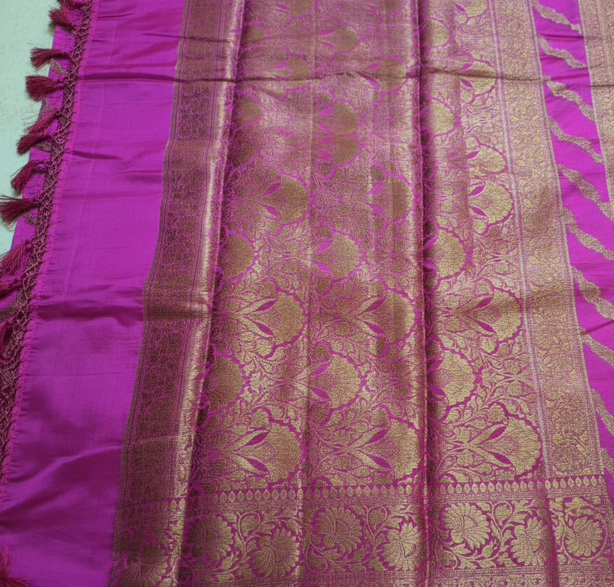 Pure Handloom Banarasi Silk - Rani Pink Gold Antique Zari