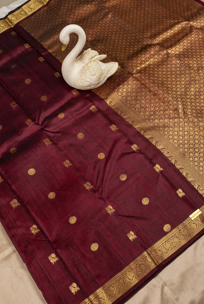 Pure Handloom Kanjeevaram SIlk - Maroon Peacock Rudraksh Motifs
