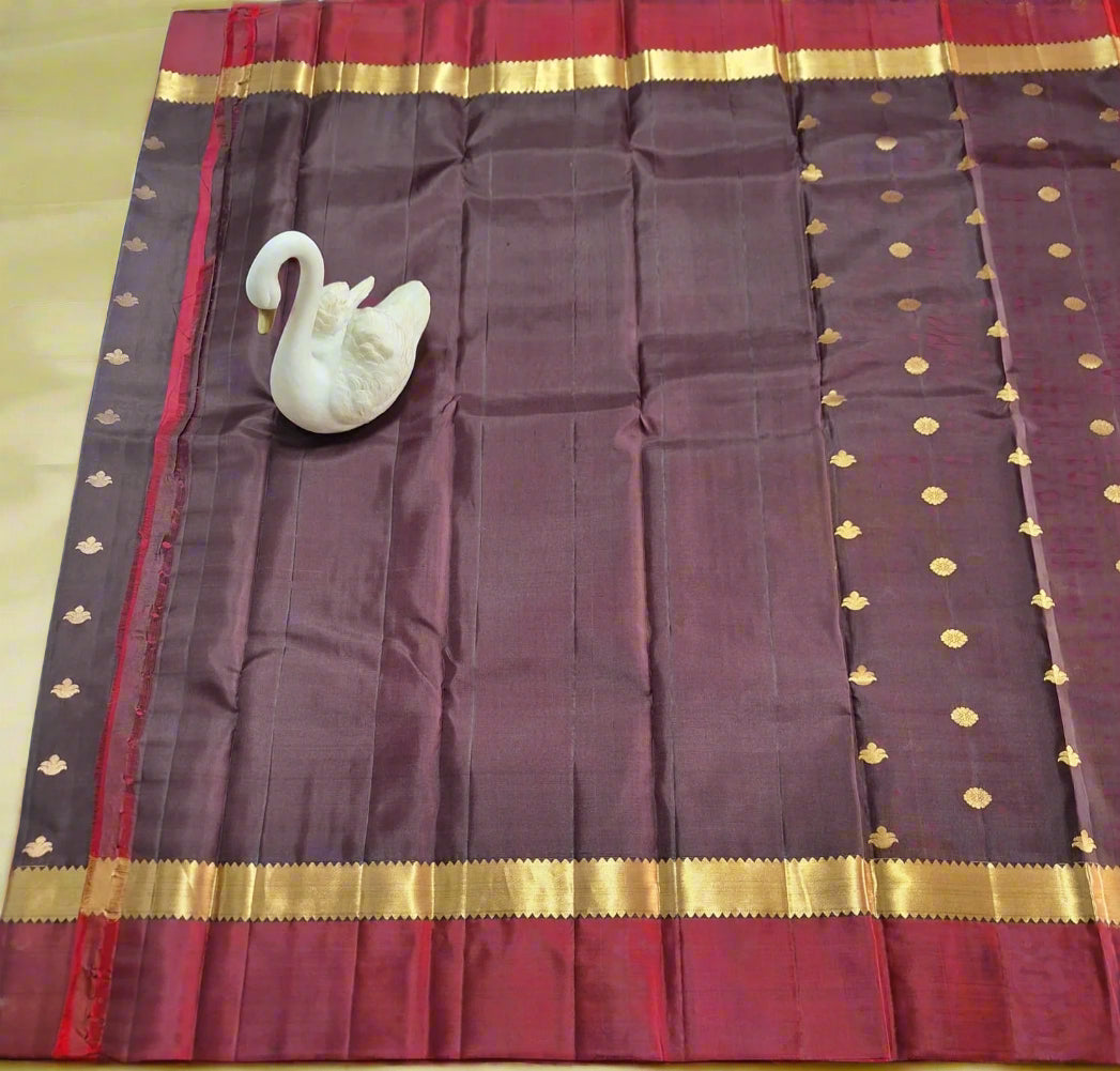 Pure Handloom Kanjeevaram Silk - Coffee Brown & Red with Motifs