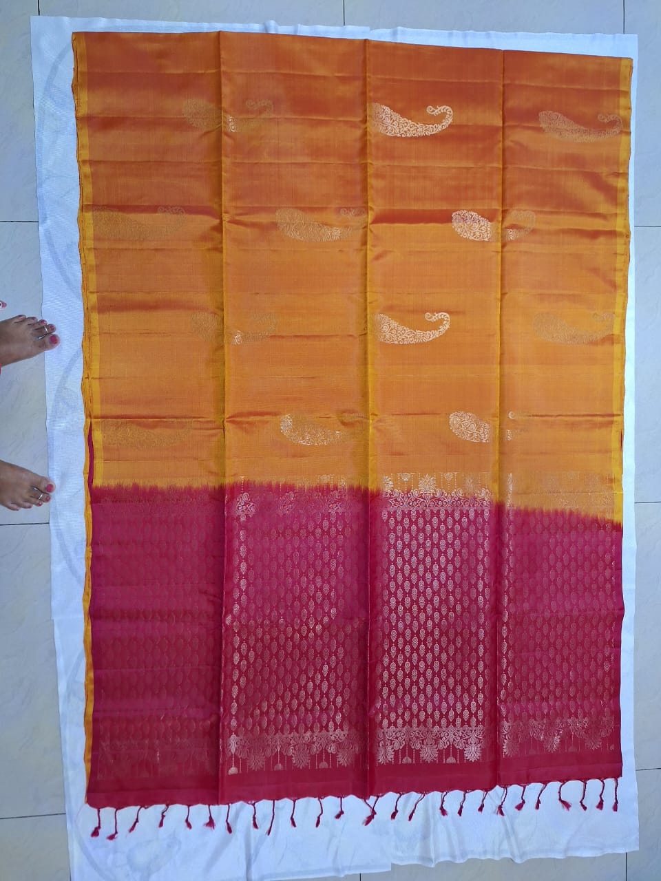 Pure Handloom Soft Silk - Mustard & Candy Pink Dual Tone with Kairi Motifs