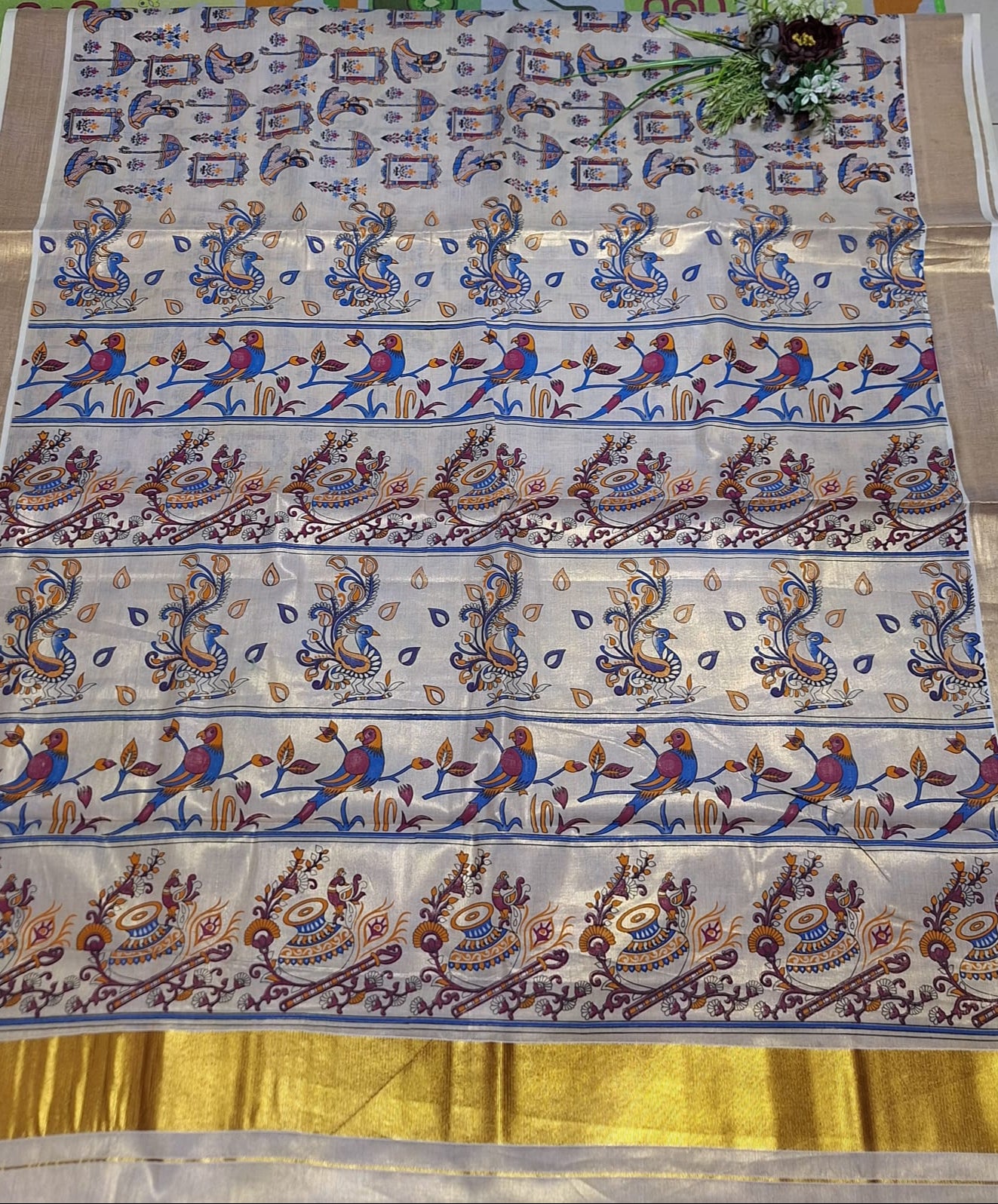Digital print-Creme Gold Zari-Blue Maharani