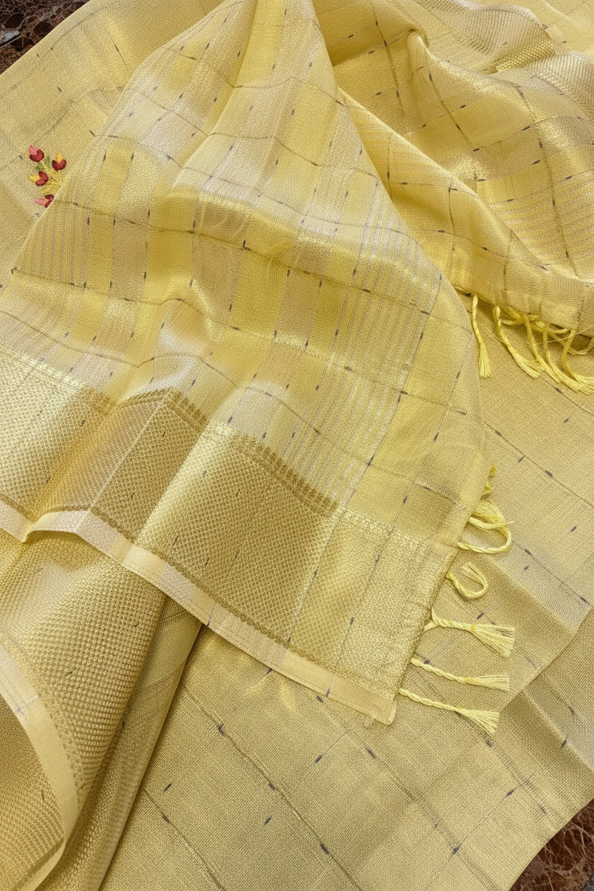 Cotton Linen - Pastel Yellow with floral embroidery