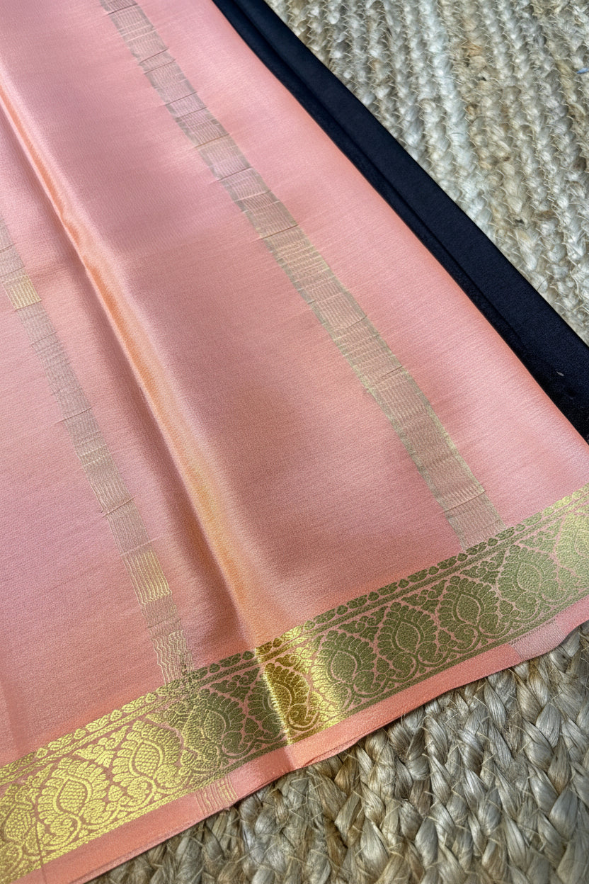 Pure Mysore Crepe Silk - Black-Peach thin zari border