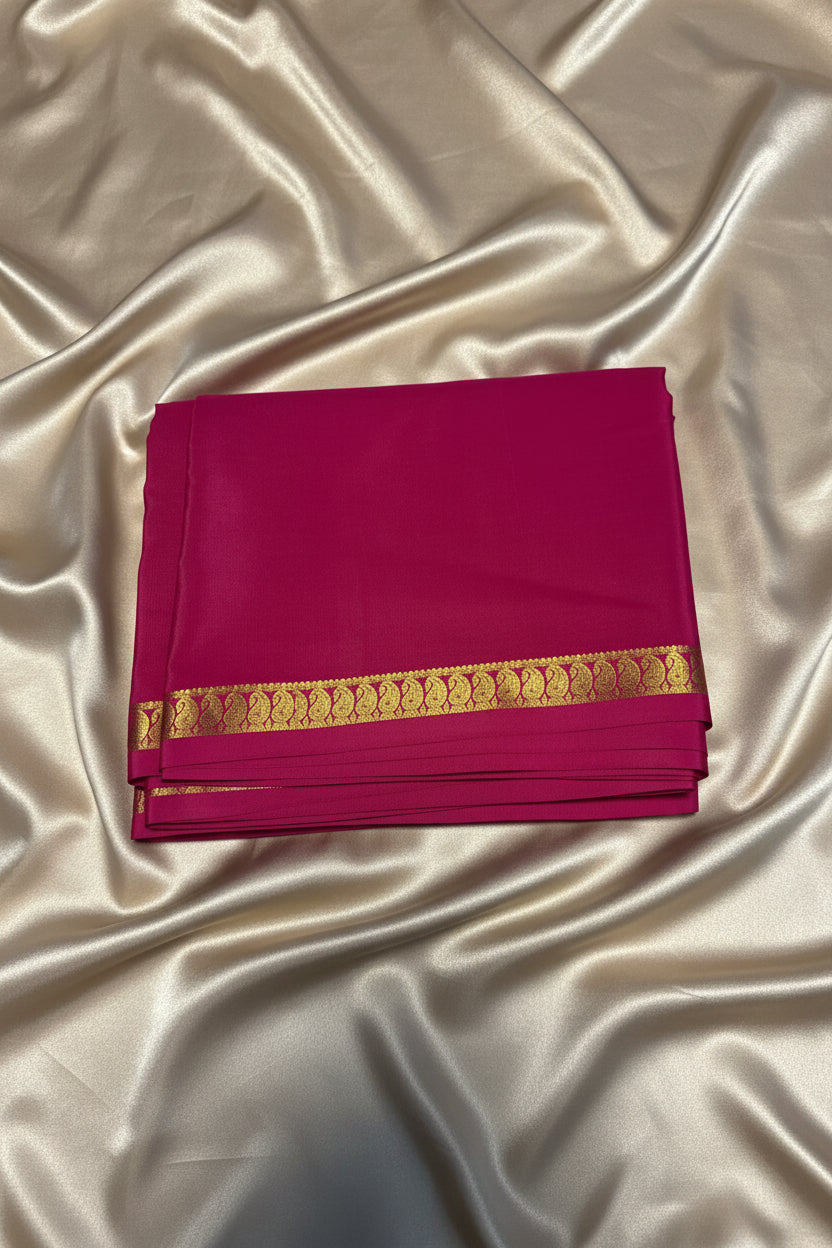 Pure Mysore Crepe Silk - Rani Pink Self Color & thin Mango Border