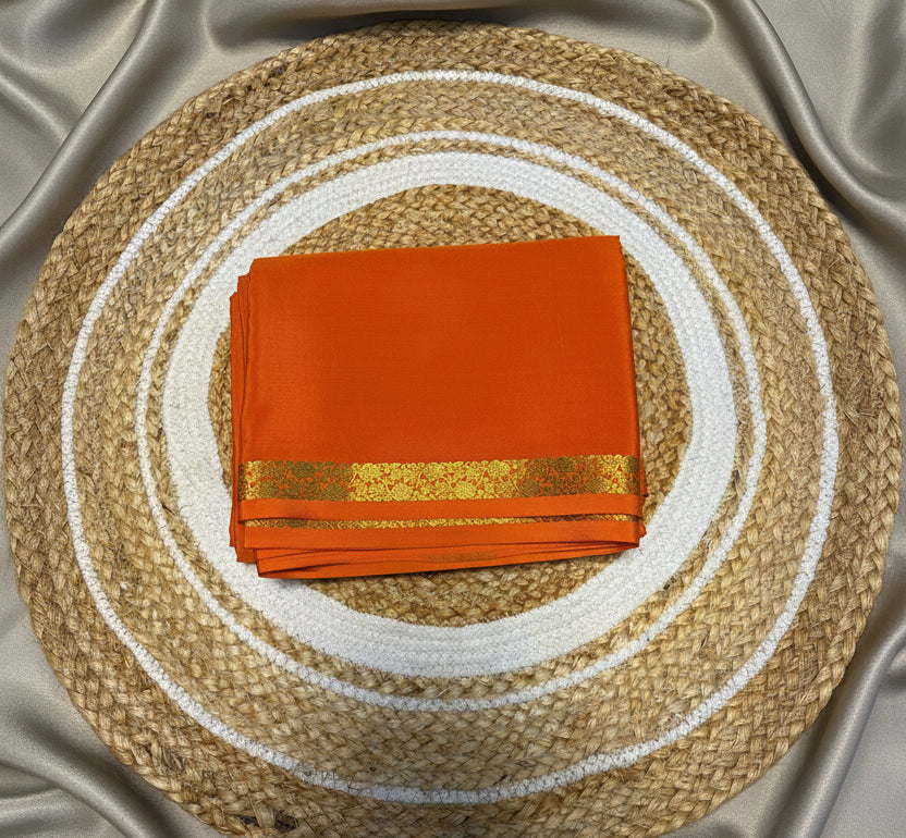 Pure Mysore Crepe Silk - Orange Self Color & thin floral Border