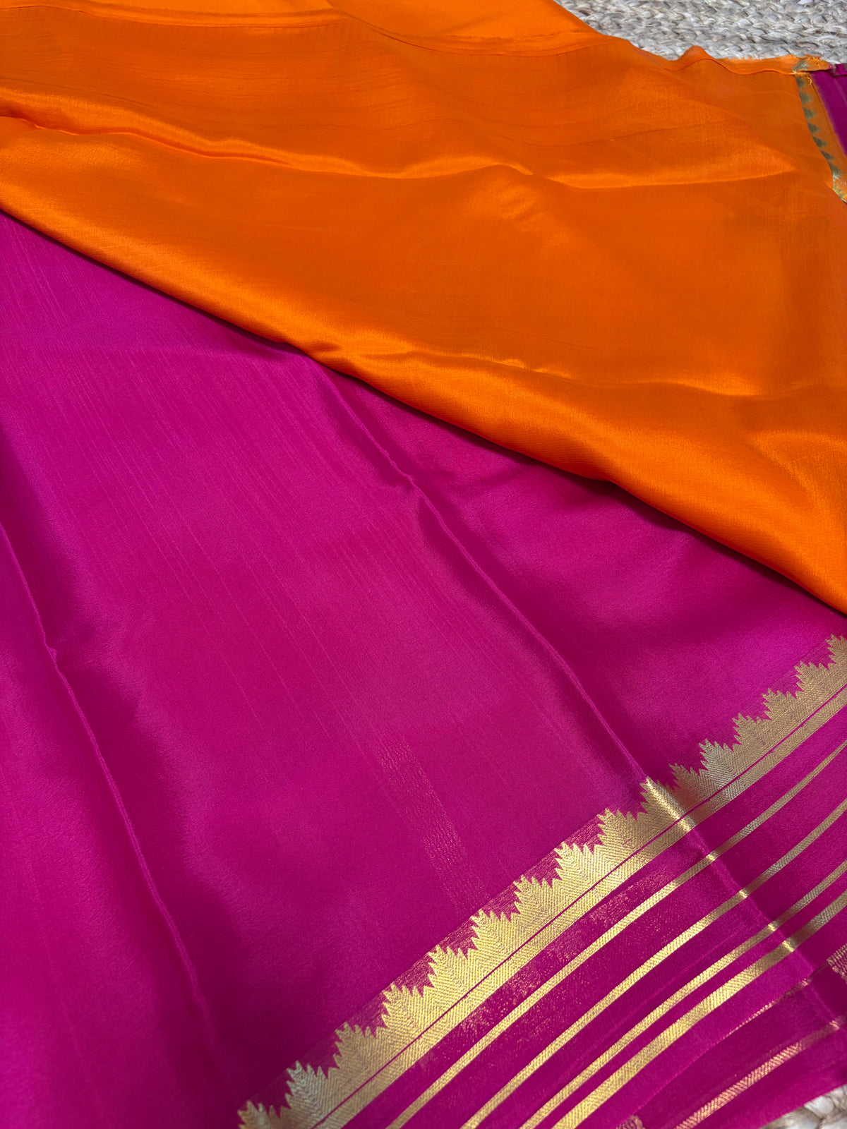 Pure Mysore Crepe Silk - Orange-Pink Temple Border