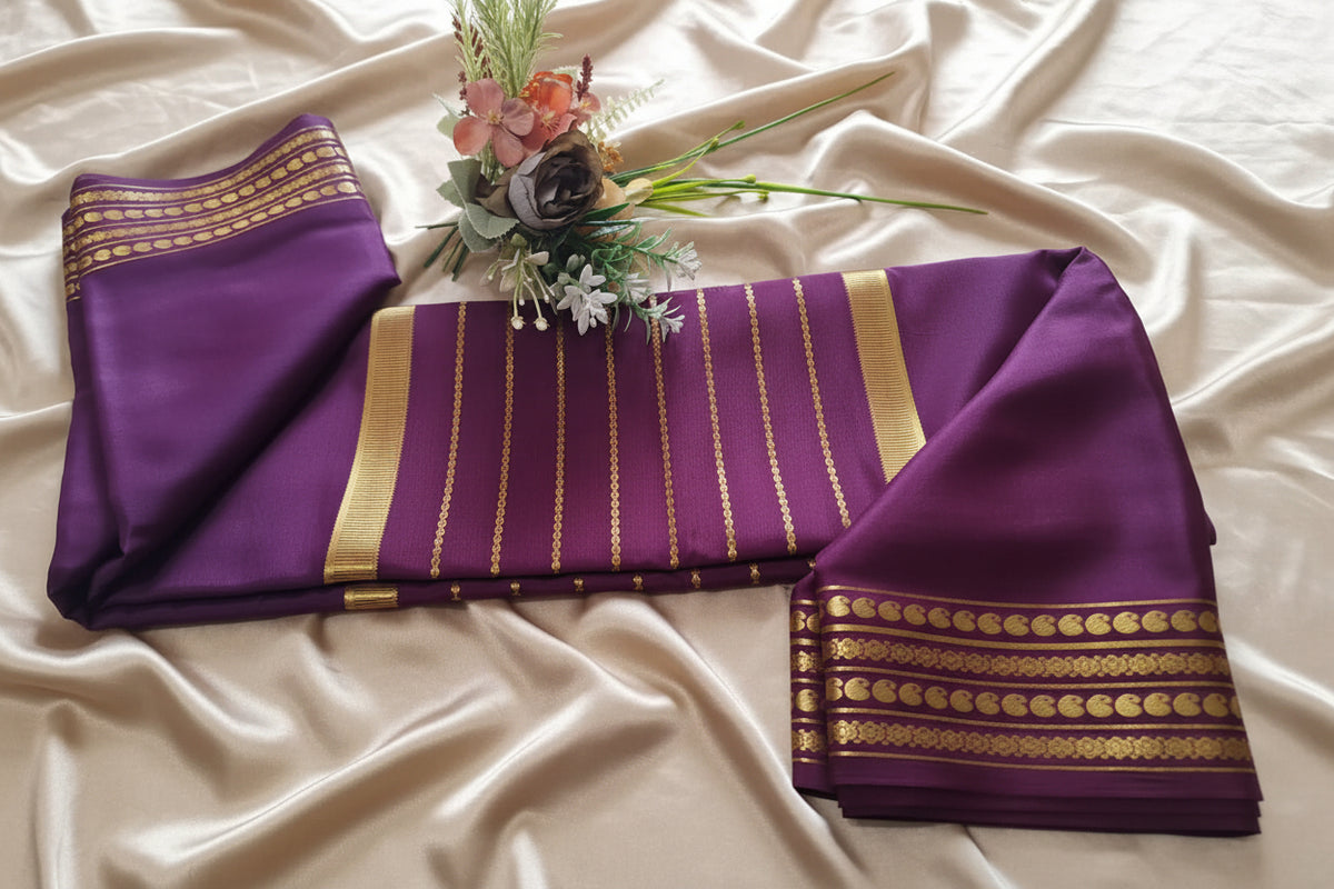 Pure Mysore Crepe Silk - Exotic Wine with center golden Zari lines
