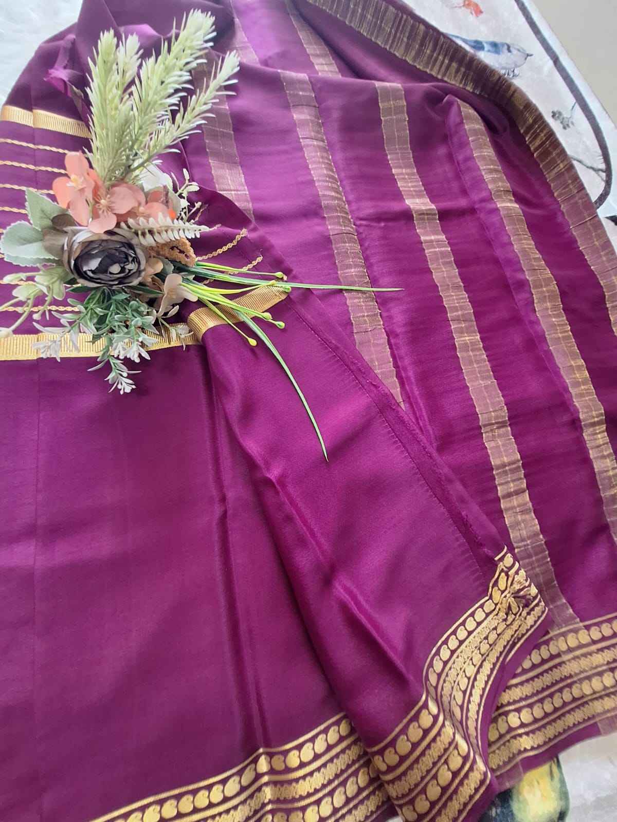 Pure Mysore Crepe Silk - Exotic Wine with center golden Zari lines