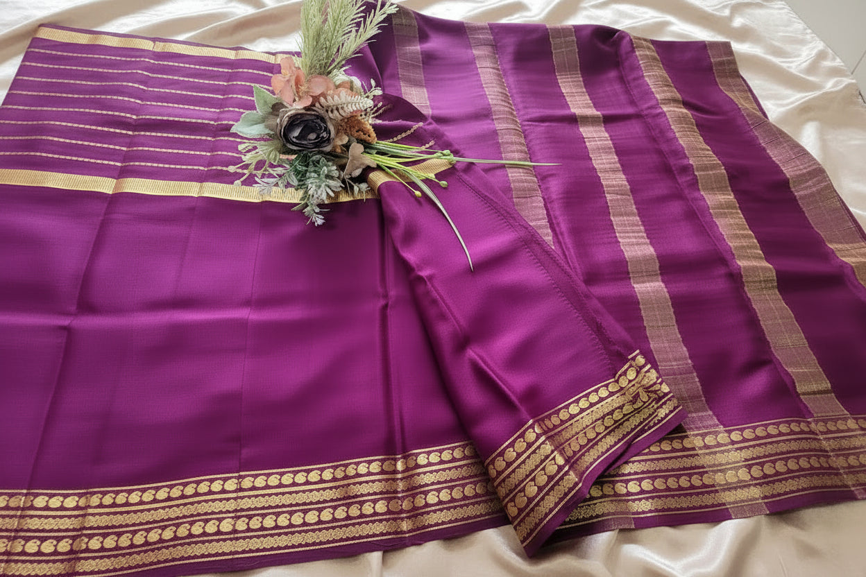 Pure Mysore Crepe Silk - Exotic Wine with center golden Zari lines