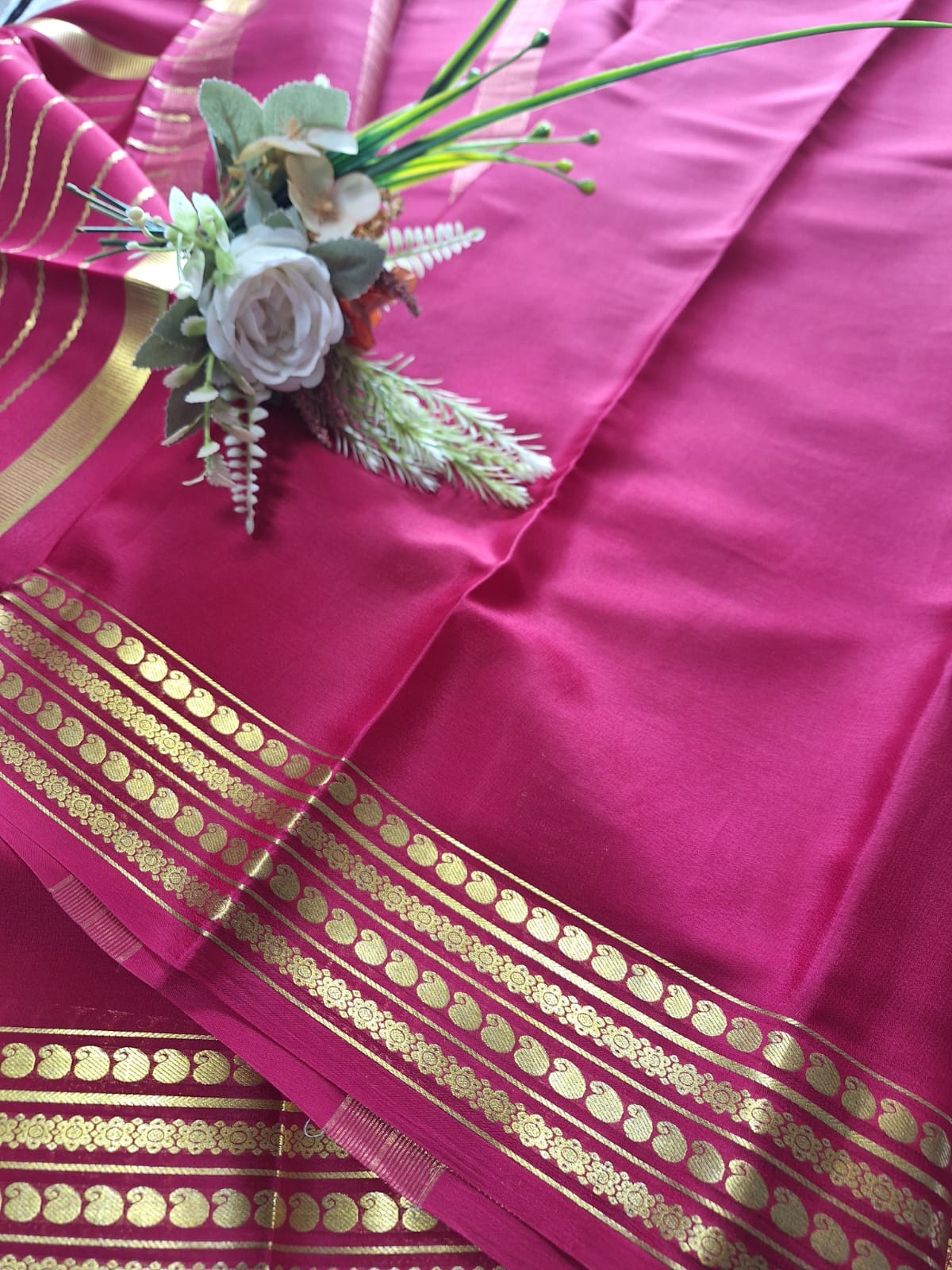 Pure Mysore Crepe Silk - Hot Pink Saree with golden Zari lines