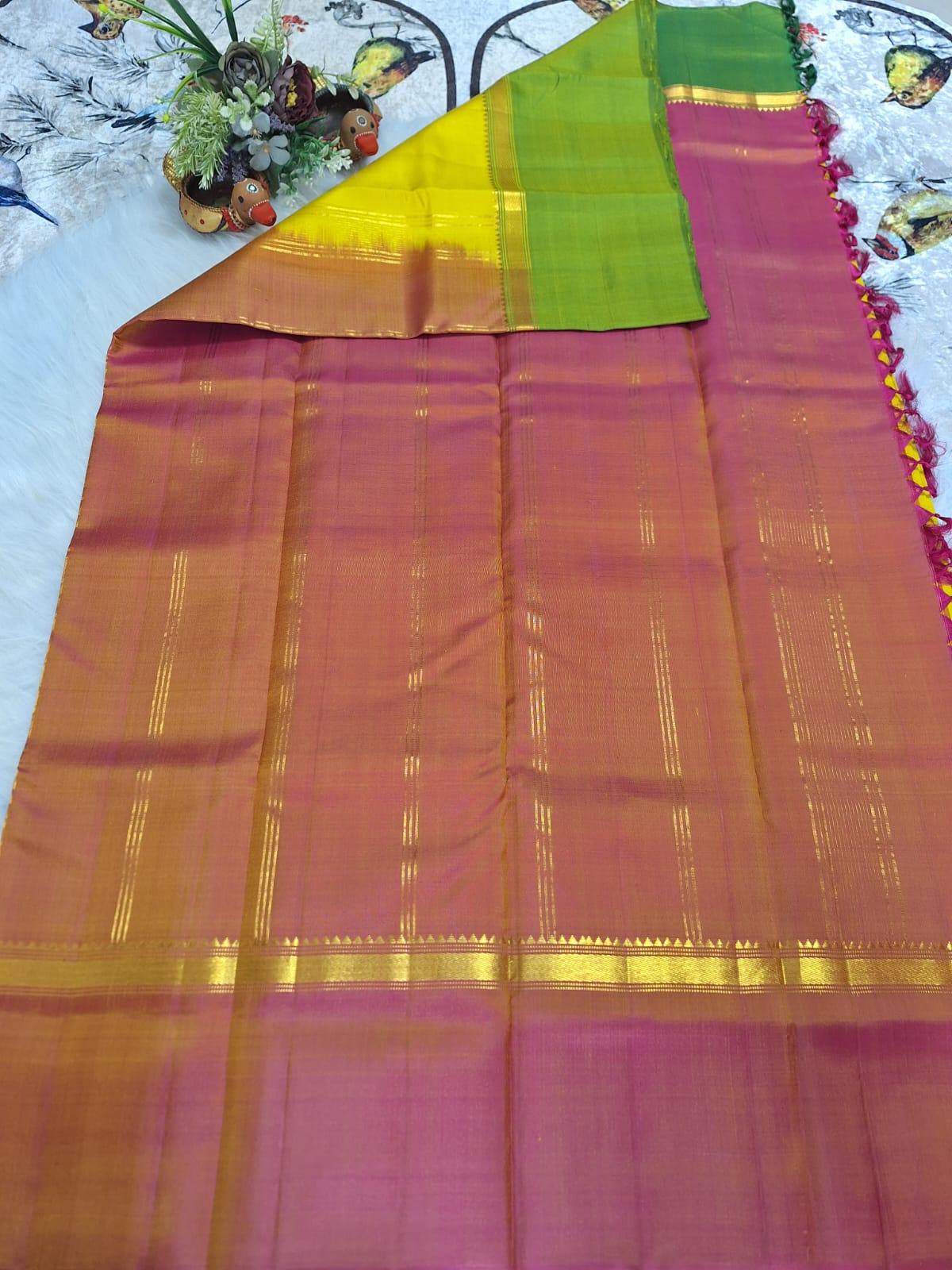 Pure Handloom Kanjeevaram Silk - Yellow with Ganga Jamuna Zari border